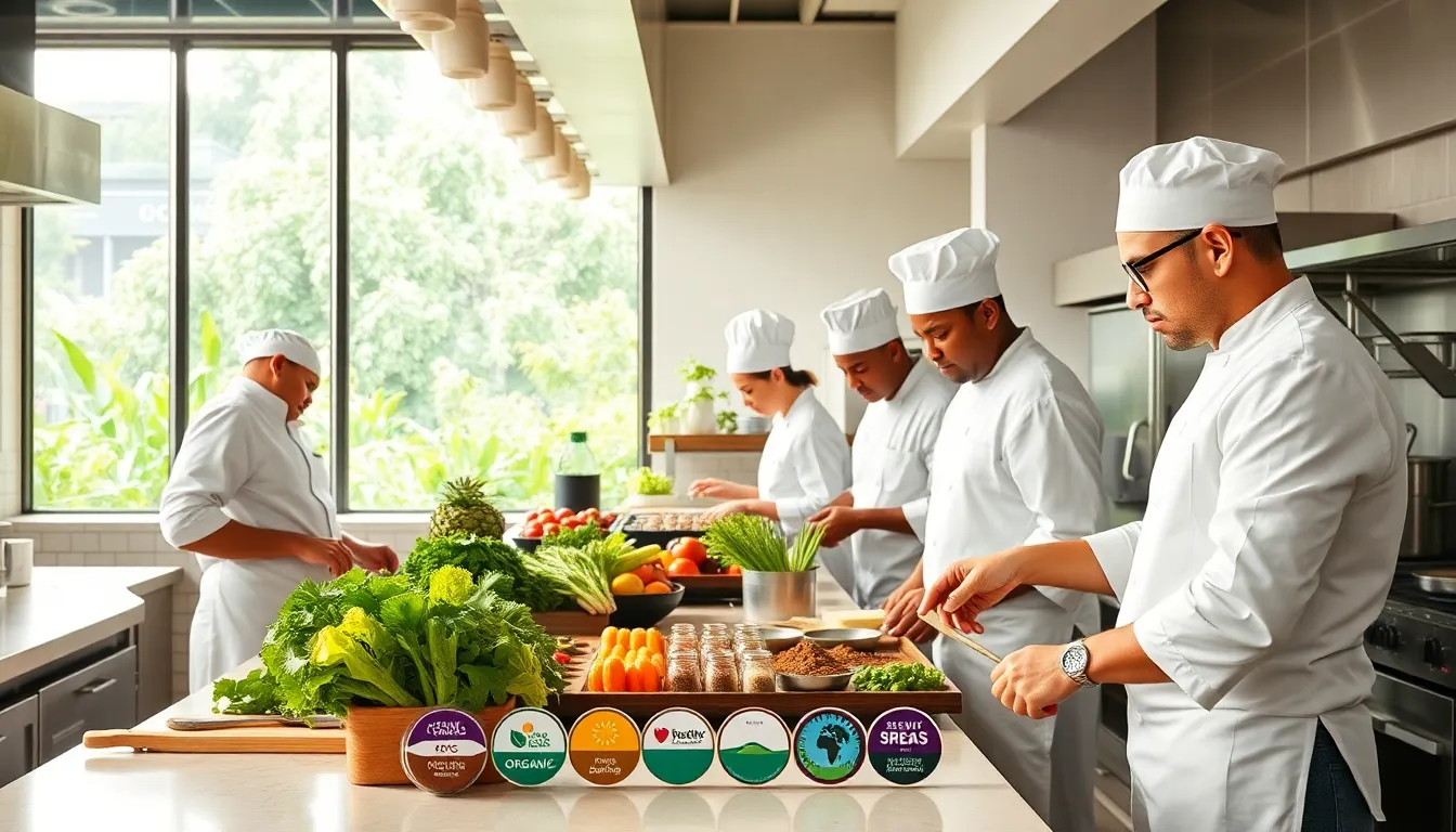 diverse chefs preparing sustainable meals in a modern kitchen.