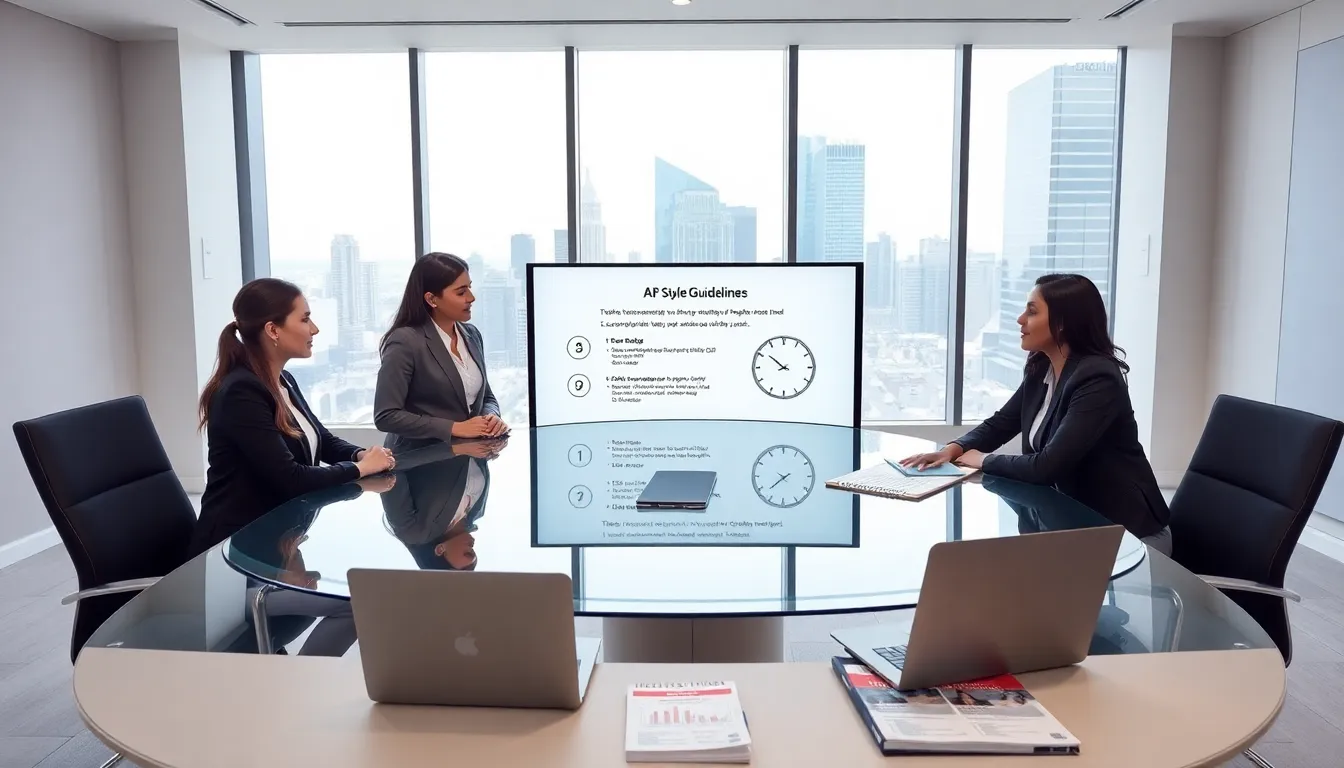 four professionals discussing AP Style guidelines in a modern office.