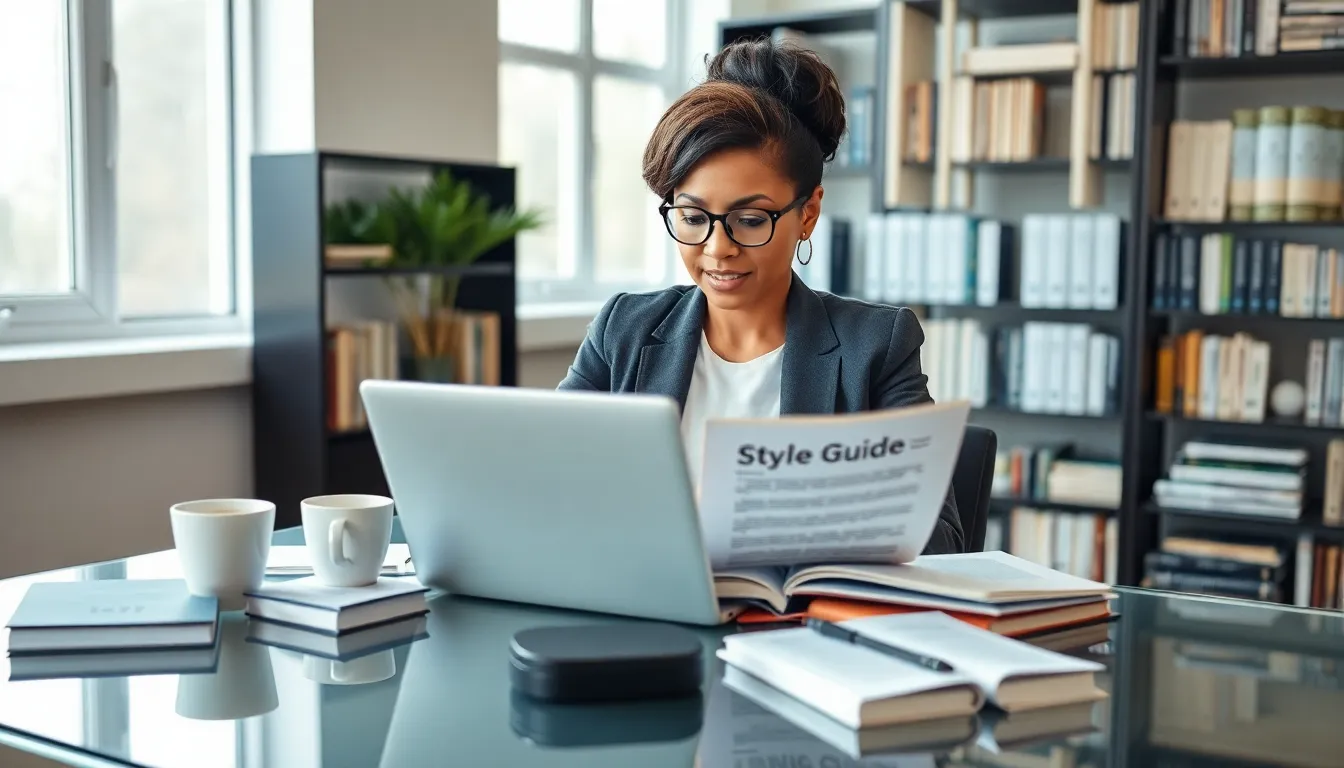 writer at a desk surrounded by style guides in a modern office.